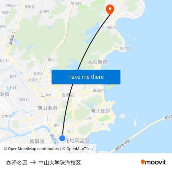 春泽名园 to 中山大学珠海校区 map