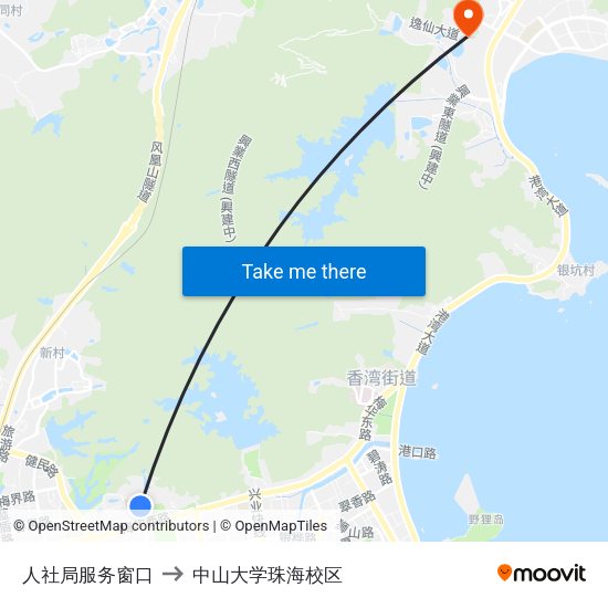 人社局服务窗口 to 中山大学珠海校区 map