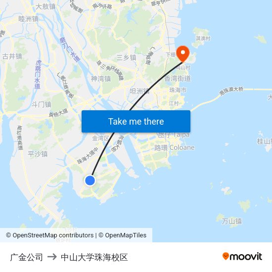 广金公司 to 中山大学珠海校区 map