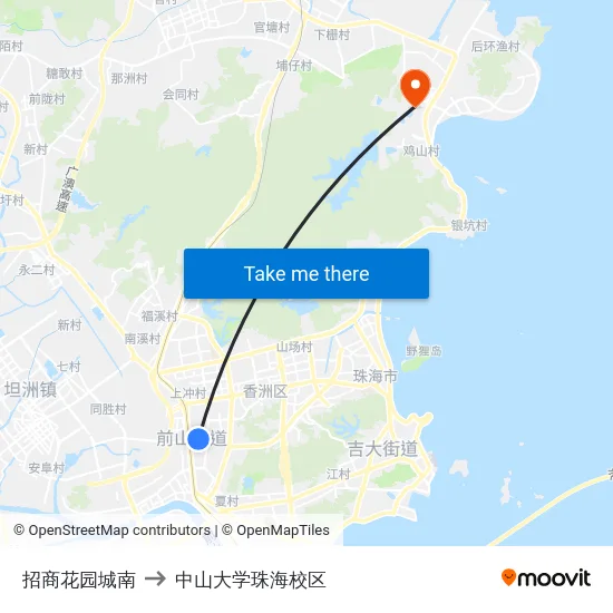 招商花园城南 to 中山大学珠海校区 map