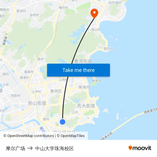 摩尔广场 to 中山大学珠海校区 map