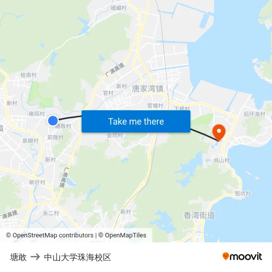 塘敢 to 中山大学珠海校区 map