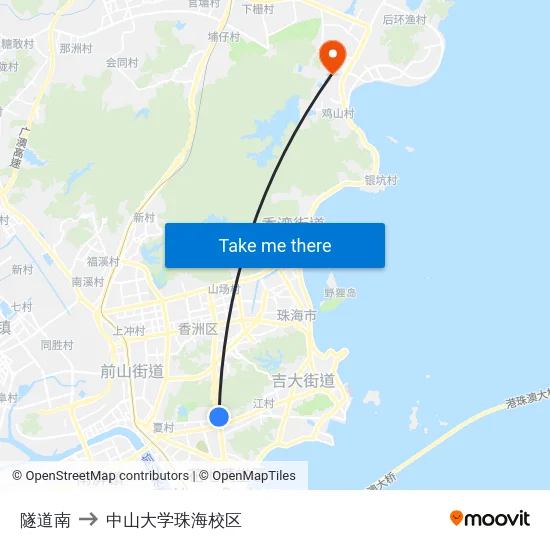 隧道南 to 中山大学珠海校区 map