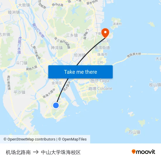 机场北路南 to 中山大学珠海校区 map