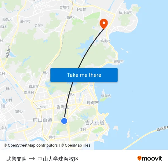 武警支队 to 中山大学珠海校区 map