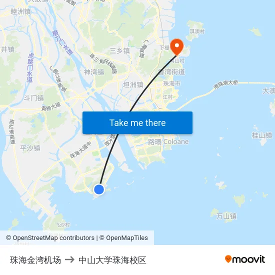 珠海金湾机场 to 中山大学珠海校区 map