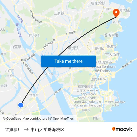 红旗糖厂 to 中山大学珠海校区 map