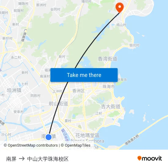 南屏 to 中山大学珠海校区 map