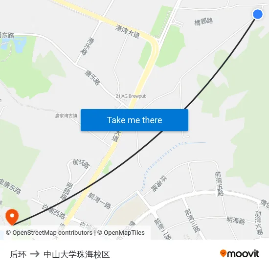 后环 to 中山大学珠海校区 map