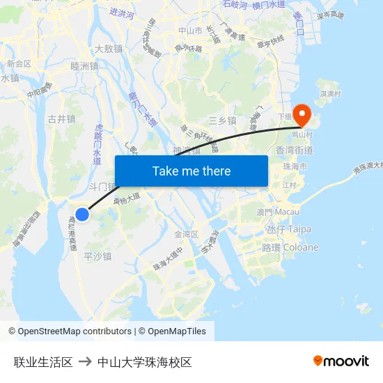 联业生活区 to 中山大学珠海校区 map