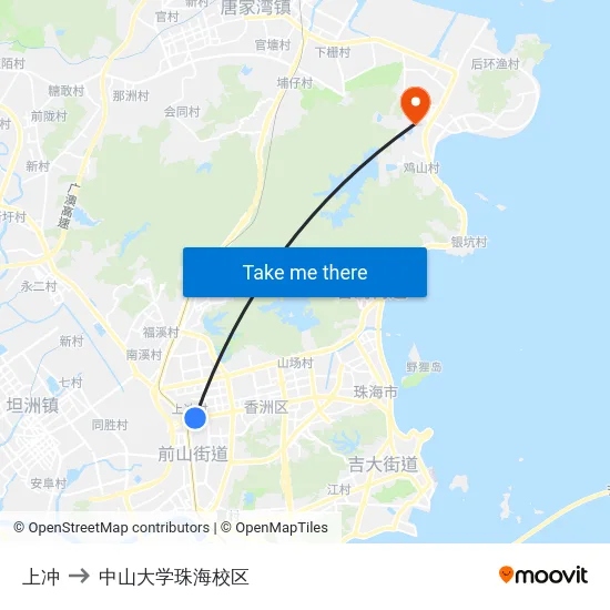 上冲 to 中山大学珠海校区 map