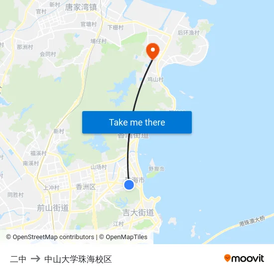 二中 to 中山大学珠海校区 map