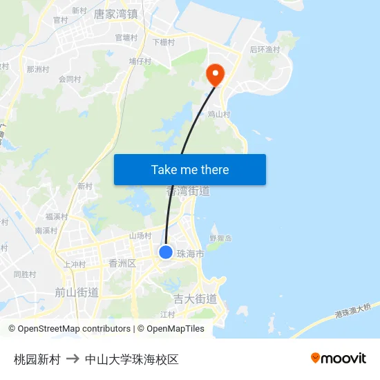 桃园新村 to 中山大学珠海校区 map