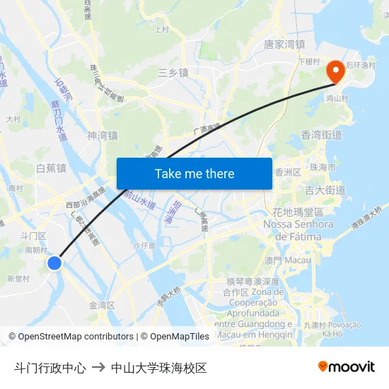 斗门行政中心 to 中山大学珠海校区 map