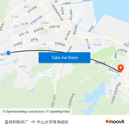 盈得利制衣厂 to 中山大学珠海校区 map