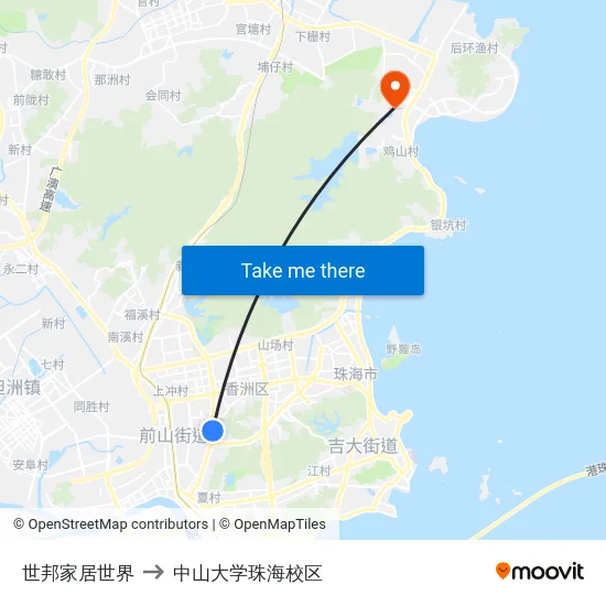 世邦家居世界 to 中山大学珠海校区 map