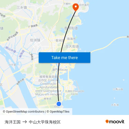 海洋王国 to 中山大学珠海校区 map
