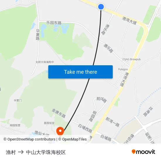 渔村 to 中山大学珠海校区 map