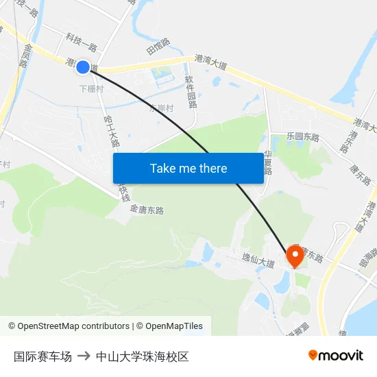 国际赛车场 to 中山大学珠海校区 map