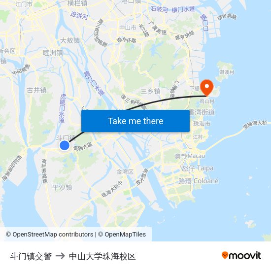 斗门镇交警 to 中山大学珠海校区 map