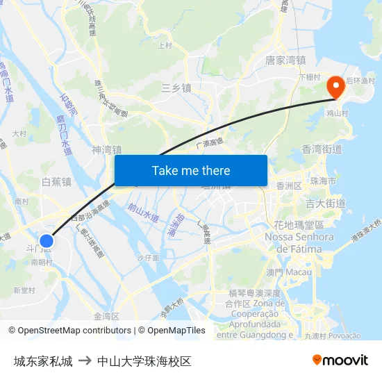 城东家私城 to 中山大学珠海校区 map