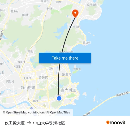 伙工殿大厦 to 中山大学珠海校区 map
