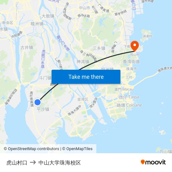 虎山村口 to 中山大学珠海校区 map