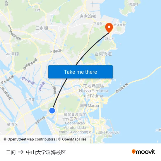 二间 to 中山大学珠海校区 map