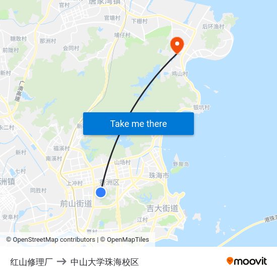 红山修理厂 to 中山大学珠海校区 map