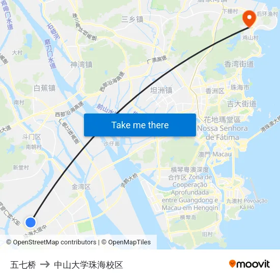五七桥 to 中山大学珠海校区 map