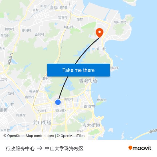 行政服务中心 to 中山大学珠海校区 map