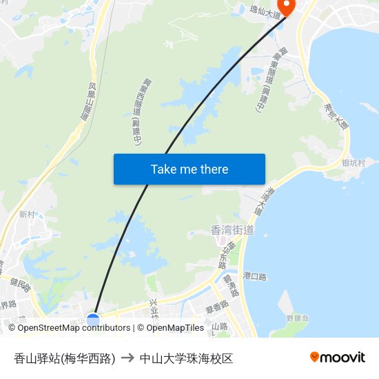 香山驿站(梅华西路) to 中山大学珠海校区 map