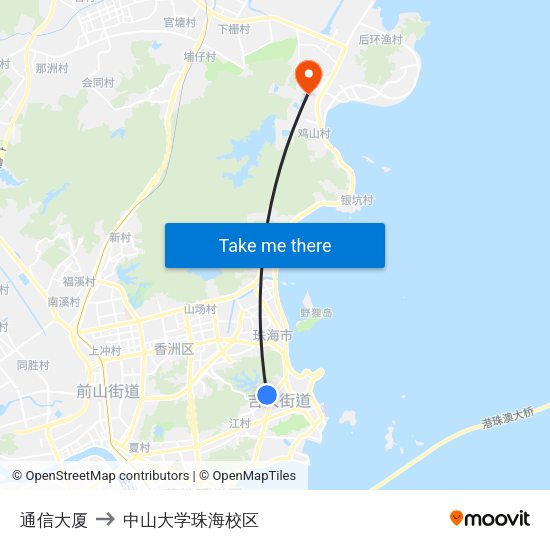 通信大厦 to 中山大学珠海校区 map