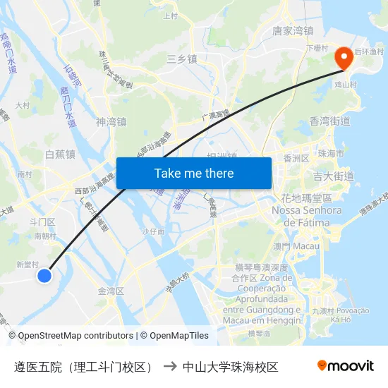 遵医五院（理工斗门校区） to 中山大学珠海校区 map