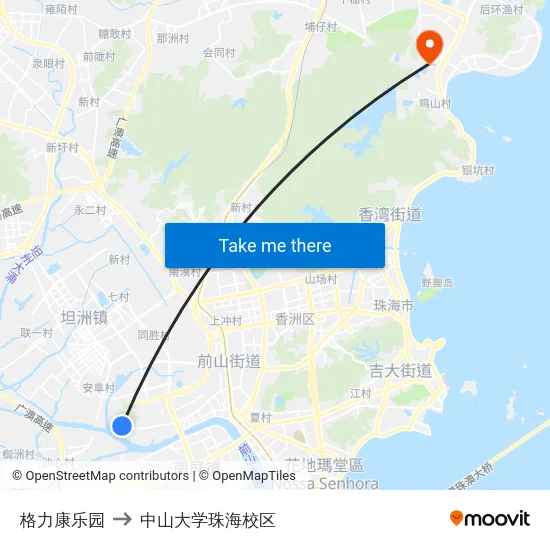 格力康乐园 to 中山大学珠海校区 map