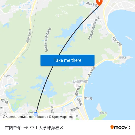 市图书馆 to 中山大学珠海校区 map