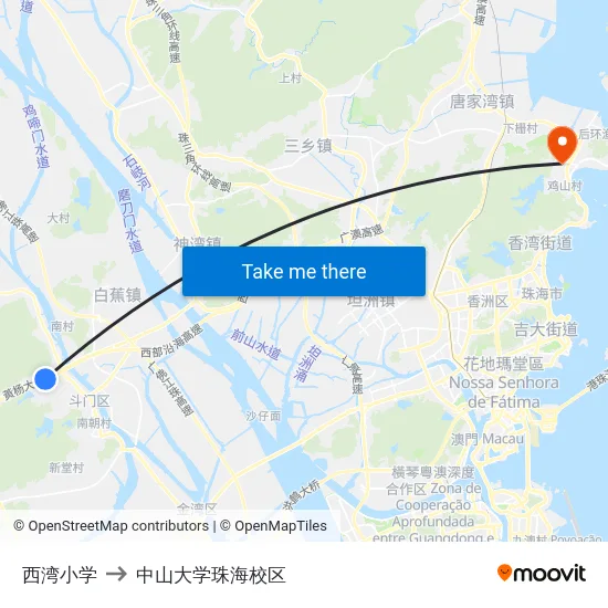 西湾小学 to 中山大学珠海校区 map