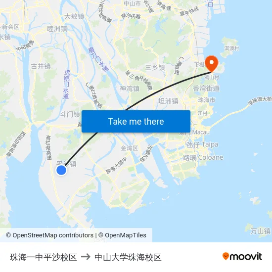 珠海一中平沙校区 to 中山大学珠海校区 map