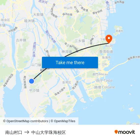 南山村口 to 中山大学珠海校区 map