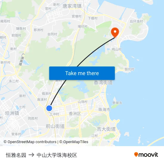 恒雅名园 to 中山大学珠海校区 map