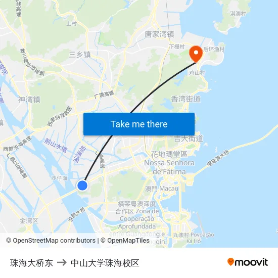 珠海大桥东 to 中山大学珠海校区 map