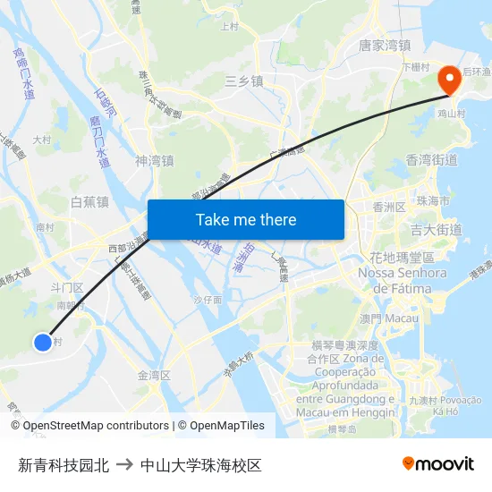 新青科技园北 to 中山大学珠海校区 map