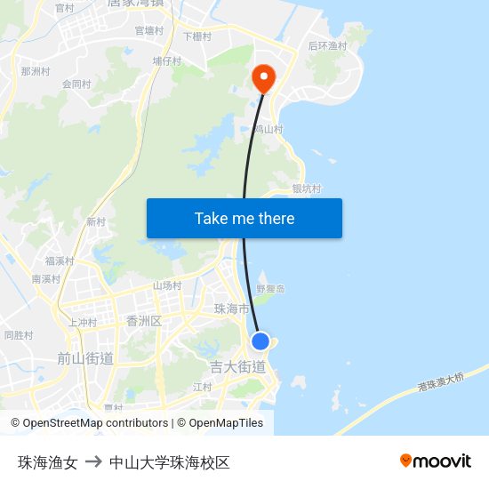 珠海渔女 to 中山大学珠海校区 map