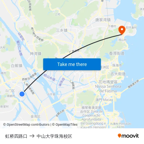 虹桥四路口 to 中山大学珠海校区 map
