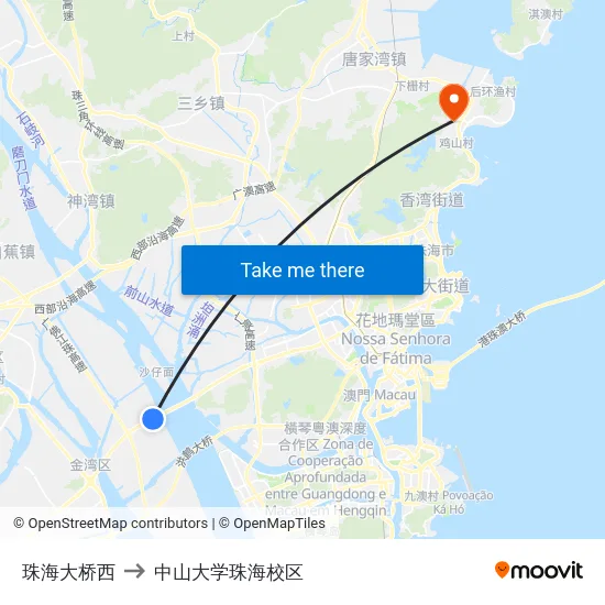 珠海大桥西 to 中山大学珠海校区 map