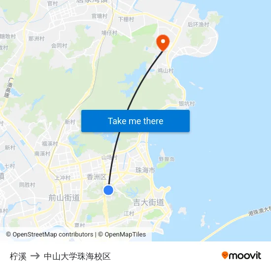 柠溪 to 中山大学珠海校区 map