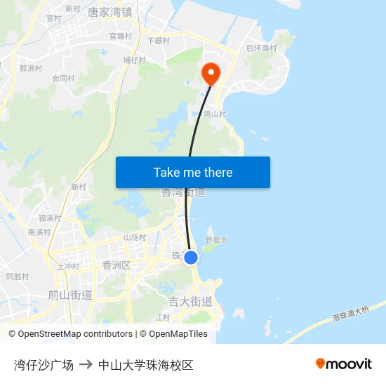 湾仔沙广场 to 中山大学珠海校区 map