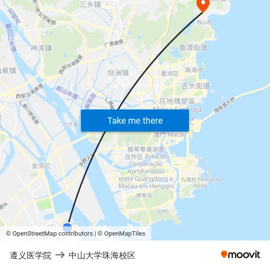 遵义医学院 to 中山大学珠海校区 map