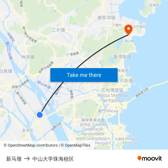 新马墩 to 中山大学珠海校区 map