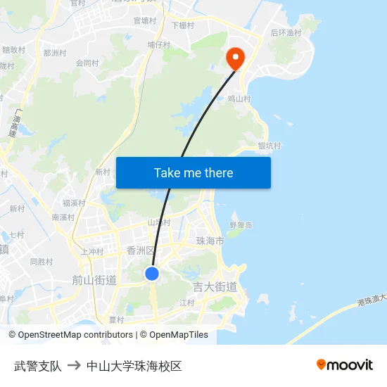 武警支队 to 中山大学珠海校区 map